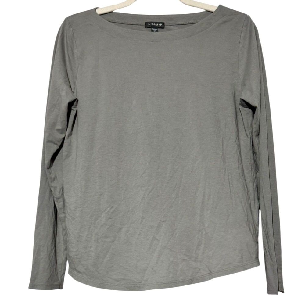 Lilla P Sage Gray Boatneck Long Sleeve Top 100% Pima Cotton Made in Peru Size M